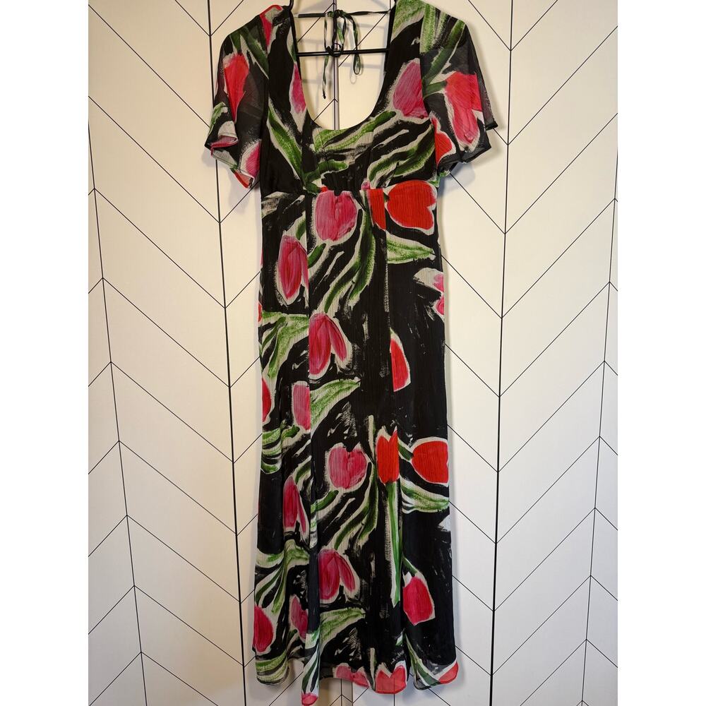 TopShop Women’s 2 Flower Flutter Sleeve Dress Black Red Tulip Floral Midi Dress